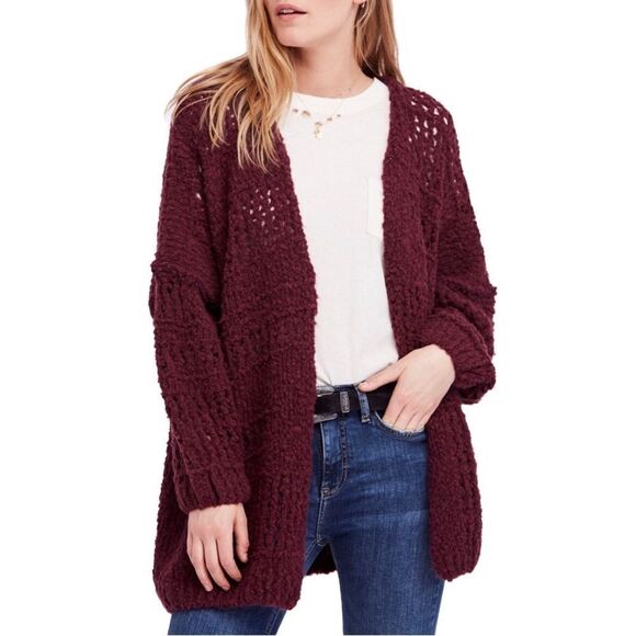 ✨Free People Saturday Morning Knit Oversized Maroon Cardigan Cardi Sweater✨ - Picture 1 of 11